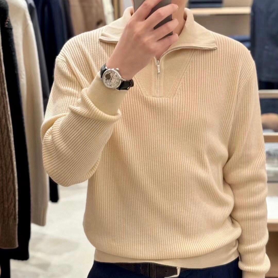 로로피아나 아칸 리브드 캐시미어 블렌드 하프집업 스웨터